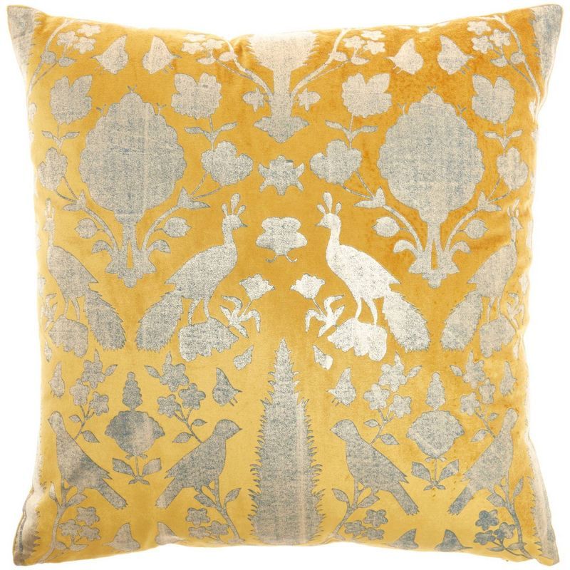 Golden Yellow Velvet Square Throw Pillow with Foil Print Birds