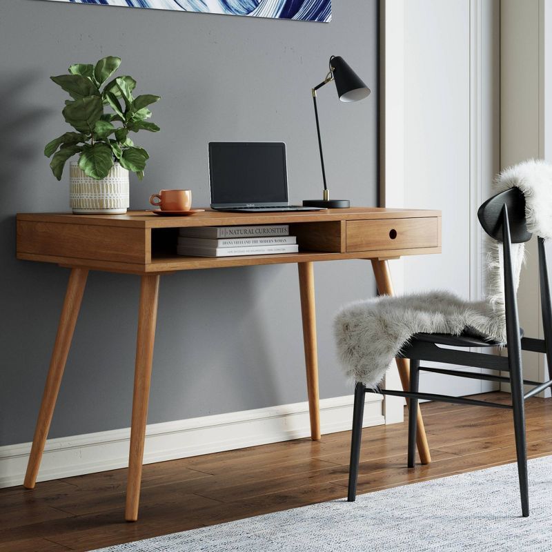 Parker Light Brown Wood Mid-Century Desk with Drawer