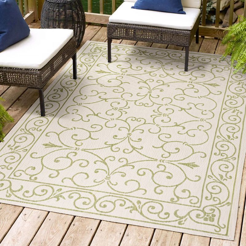 Charleston Vintage Filigree Cream and Green 9' x 12' Indoor/Outdoor Rug