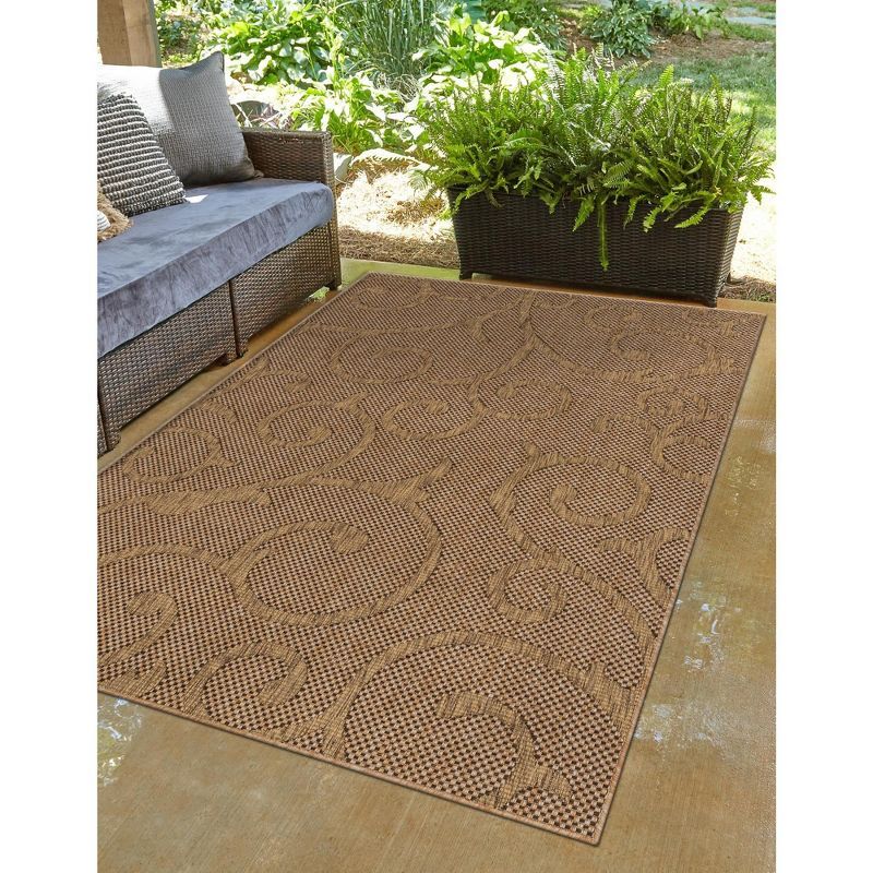 Transitional Easy Care 5' x 8' Light Brown Floral Outdoor Rug
