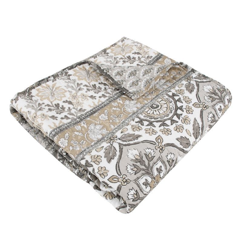 Lirelle Floral Reversible Cotton Throw Blanket in Grey and Tan