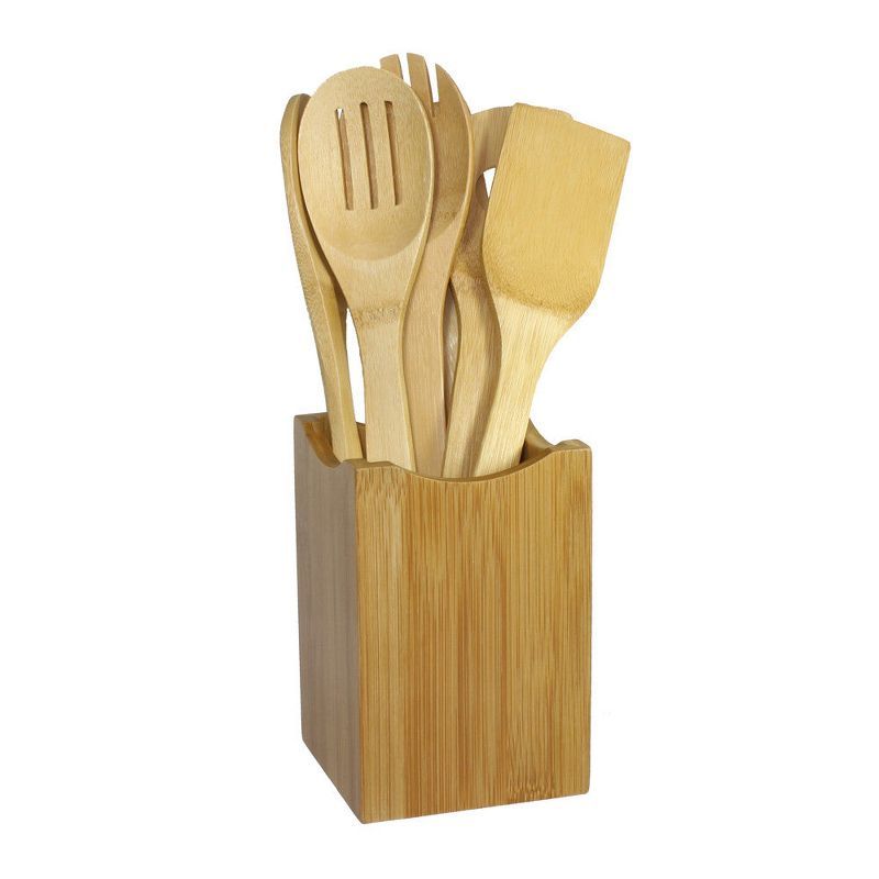 Natural Bamboo 7-Piece Cooking Utensil Set with Holder