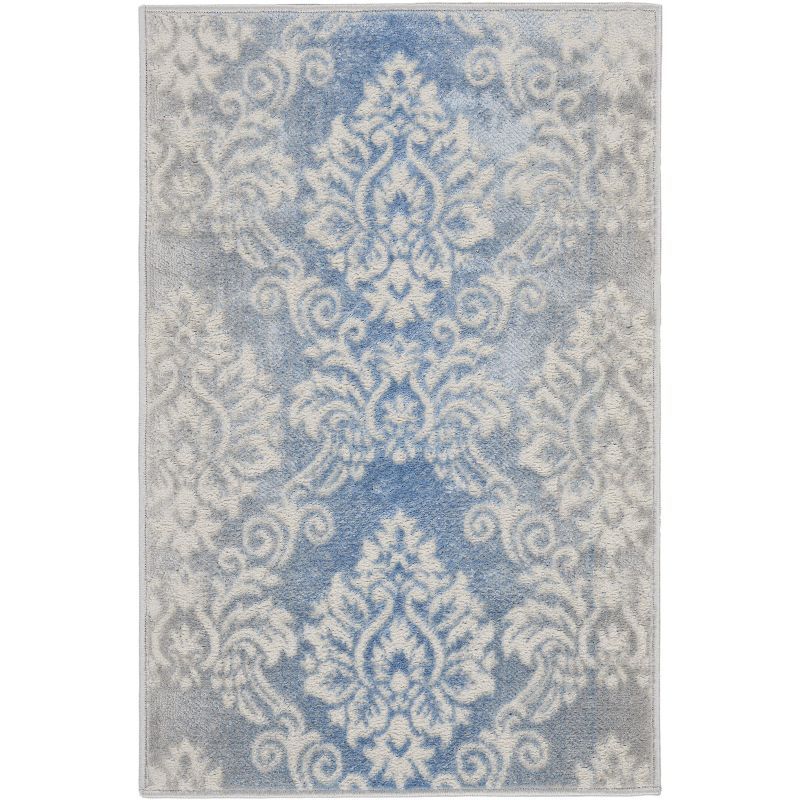 Ivory Blue Floral Damask 5' x 7' Easy-Care Synthetic Area Rug