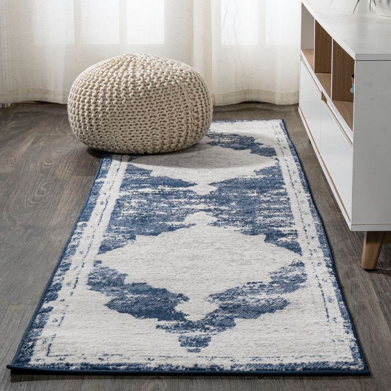 Ivory and Navy Synthetic Medallion Runner Rug