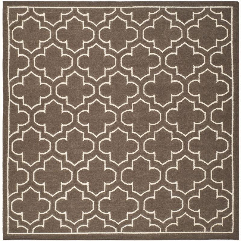 Ivory and Brown Geometric Handwoven Wool Square Rug, 7' x 7'