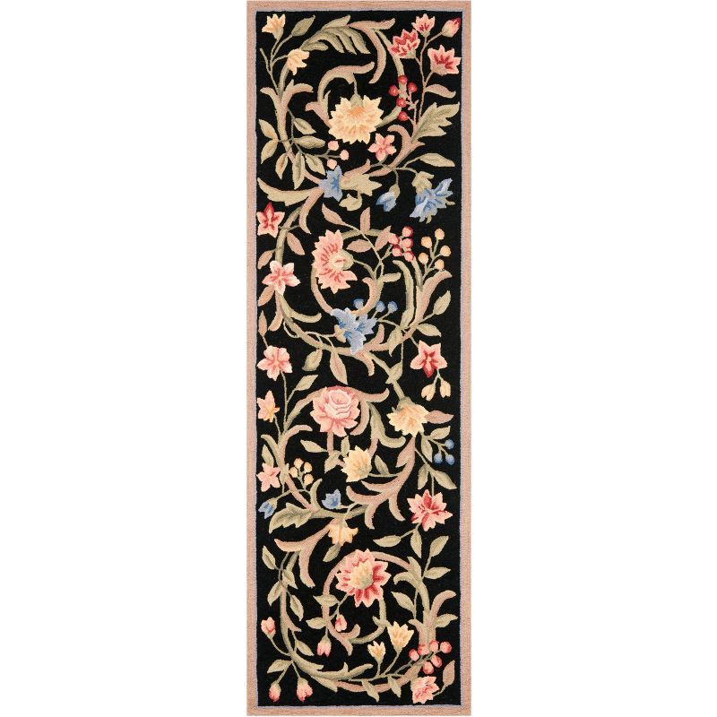Handmade Black Floral Wool Reversible Rectangular Rug, 2'6" x 4'