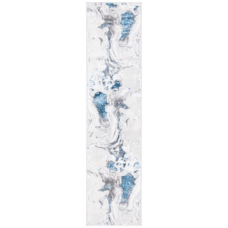 Grey and Blue Abstract Stain-Resistant Synthetic Runner Rug