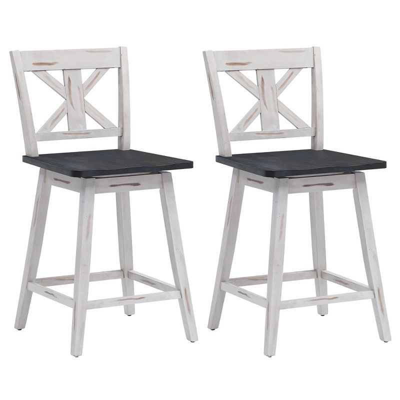 Set of 2 White Swivel Counter Height Bar Stools with Wood Legs