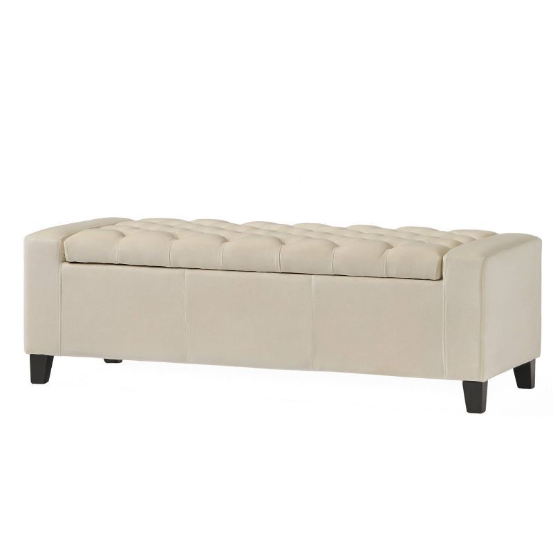 Ivory Velvet Tufted Storage Ottoman Bench with Dark Brown Birch Legs