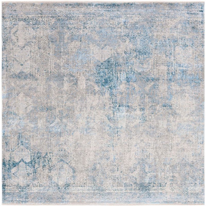 Gray and Blue Hand-Knotted Square Viscose Area Rug