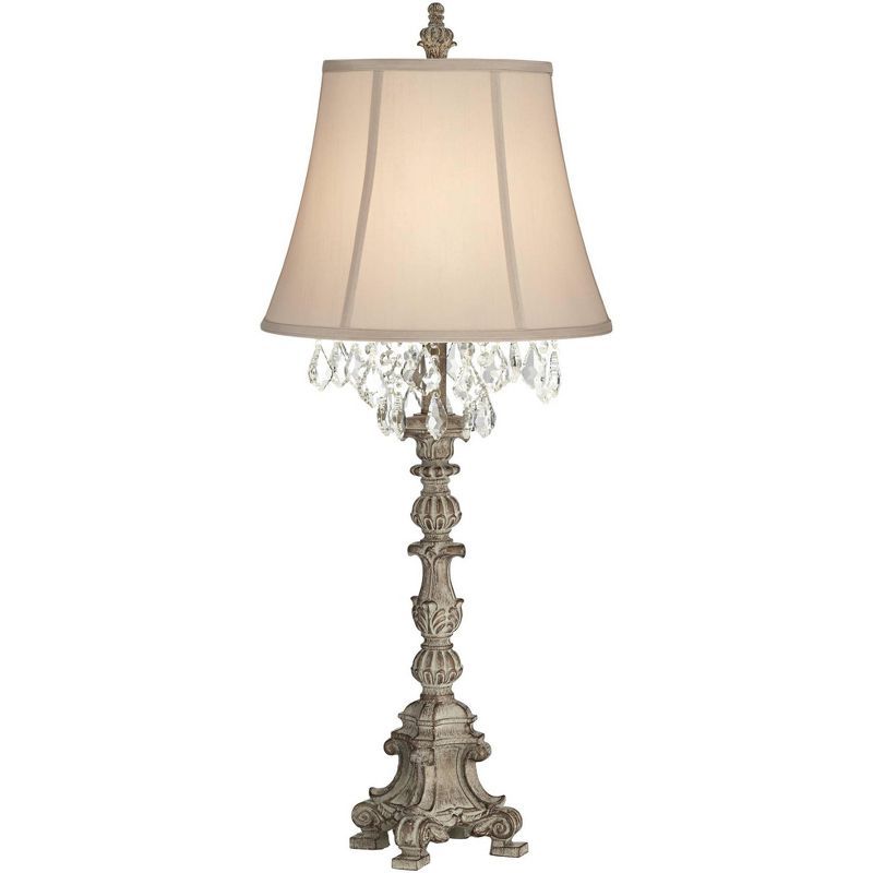 Antique White Candlestick Table Lamp with Crystal Droplets