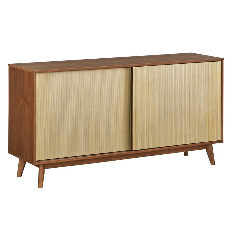 Flory Walnut and Gold Mid-Century Modern Sideboard with Sliding Doors