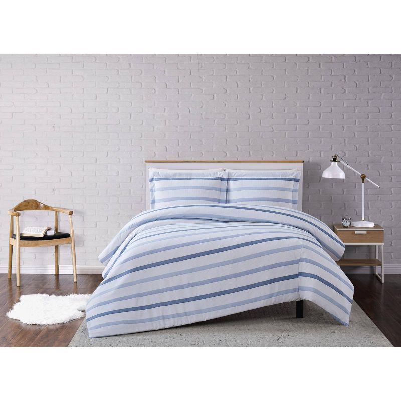 Twin XL Blue and White Waffle Stripe Duvet Cover Set