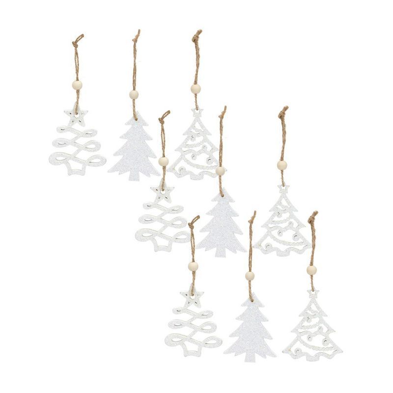 White Wooden Tree Ornament Set with Bead Accents, 3" (Set of 9)