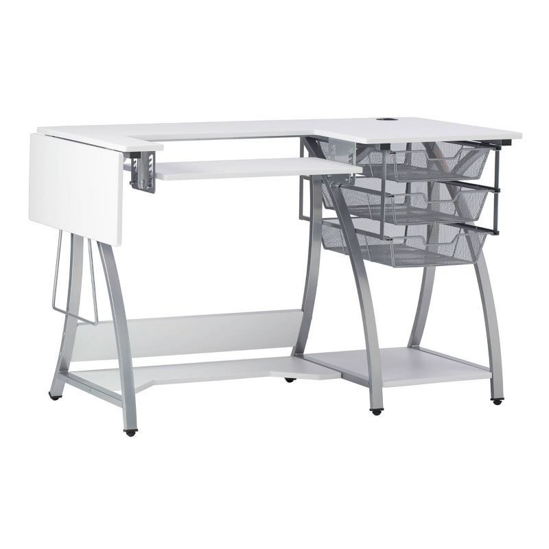 Silver and White Foldable Sewing Table with Mesh Drawers