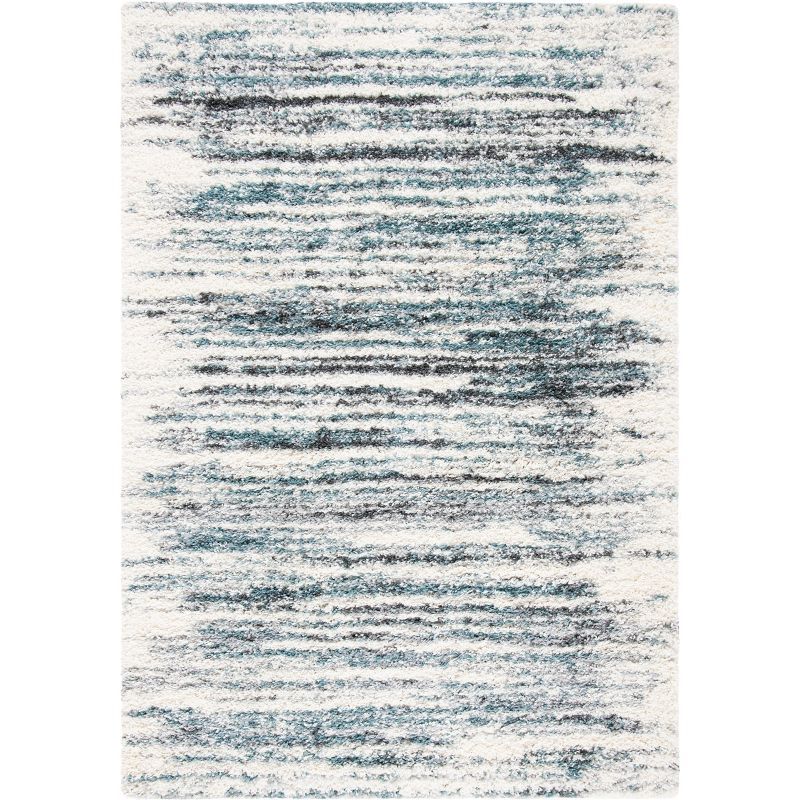 Ivory and Teal Abstract Shag Area Rug 3' x 5'