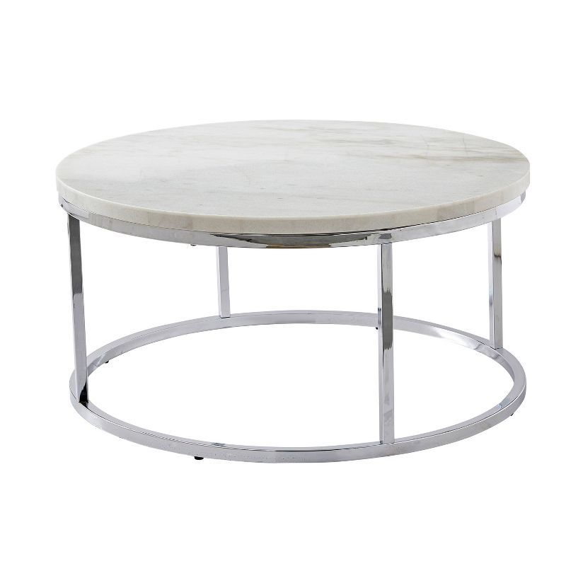 Echo Round White Marble and Chrome Metal Cocktail Table, 36"