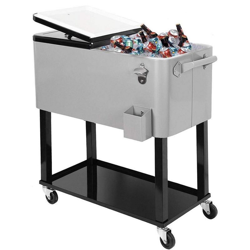 Gray 80 Quart Rolling Steel Cooler with Wheels and Shelf