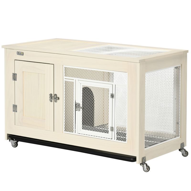 White Pinewood Indoor Guinea Pig Hutch with Wheels