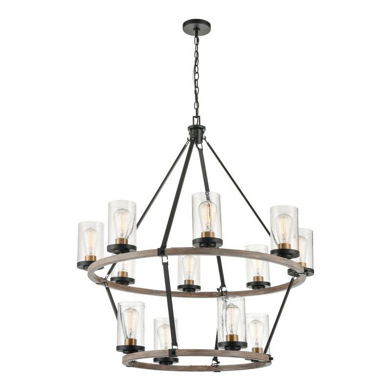 Charcoal Beechwood and Brass 12-Light Chandelier with Seeded Glass