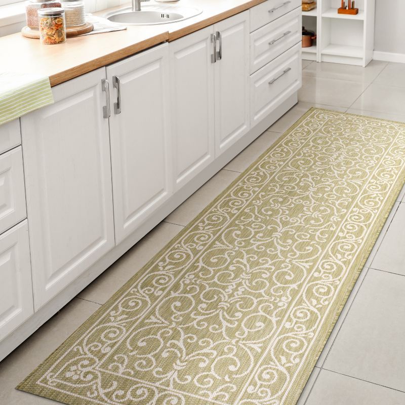 Green and Cream Synthetic Flat Woven Runner Rug