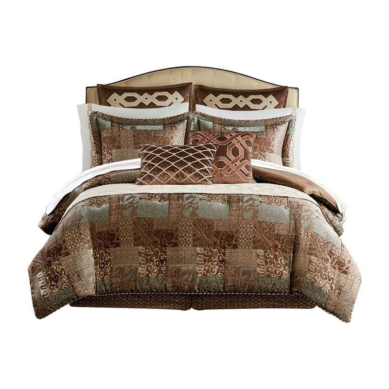 Brown Queen Chenille Jacquard Patchwork Comforter Set