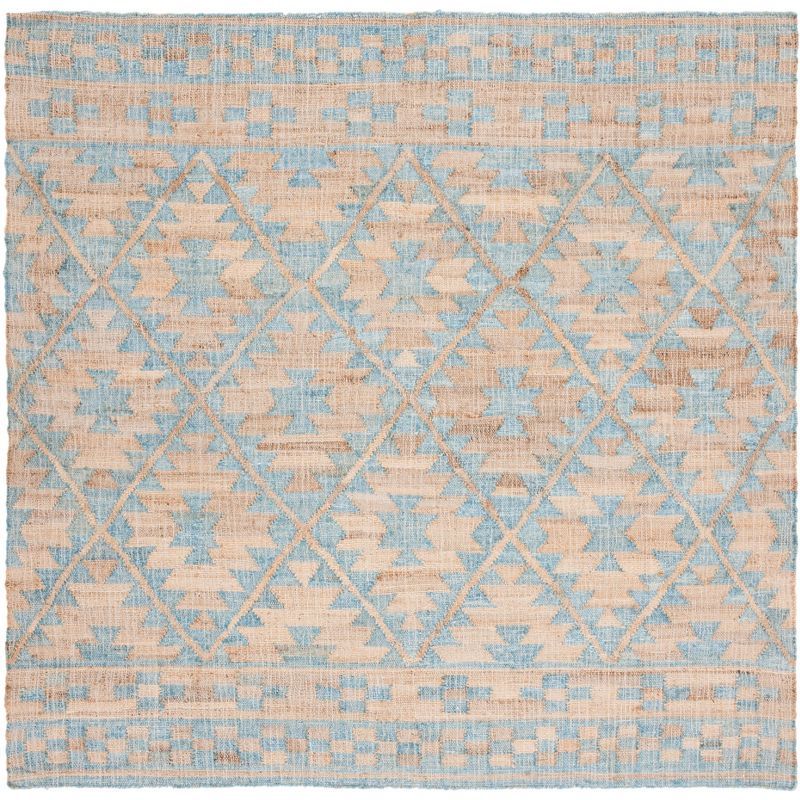 Bohemian Blue Square Handwoven Cotton Kilim Rug - 7' Square