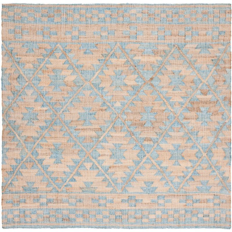 Bohemian Blue Square Handwoven Cotton Kilim Rug - 7' Square