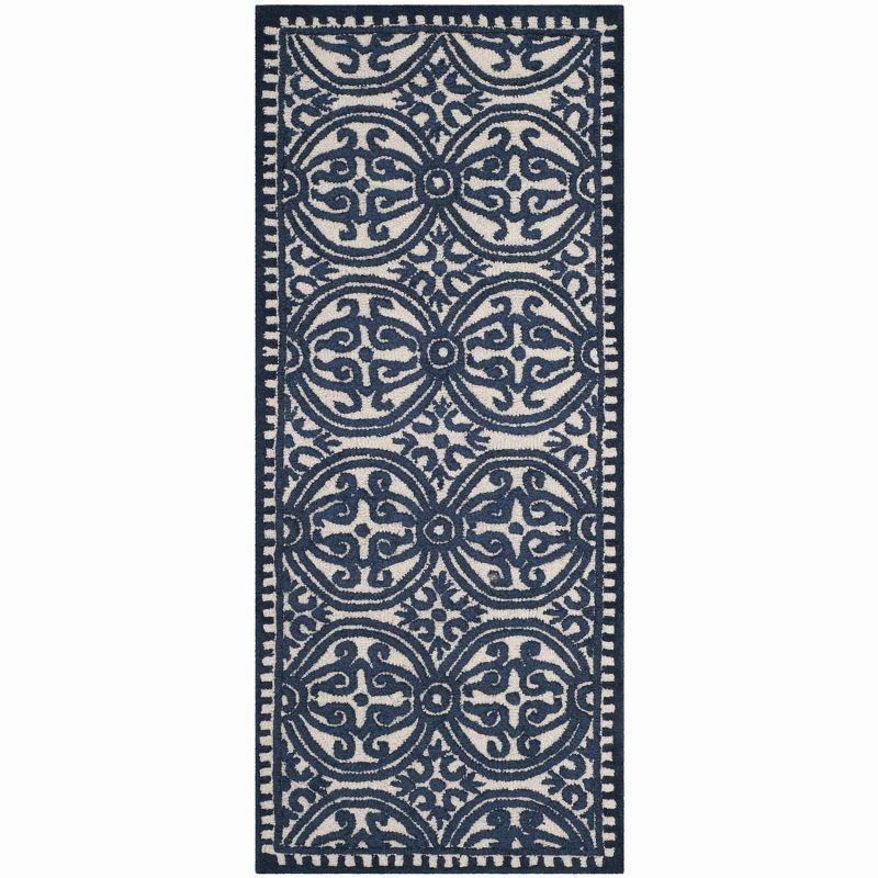 Ivory and Navy Hand-Tufted Wool Runner Rug, 2'6" x 12'