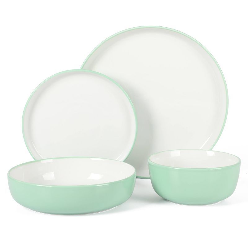 Green and White Porcelain 16-Piece Dinnerware Set