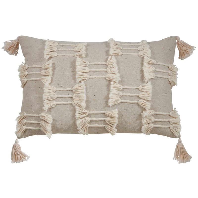 Natural Tri-Line Frayed Rectangular Decorative Pillow Cover