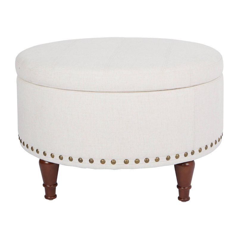 Alloway Round Linen Storage Ottoman with Antique Bronze Nailheads