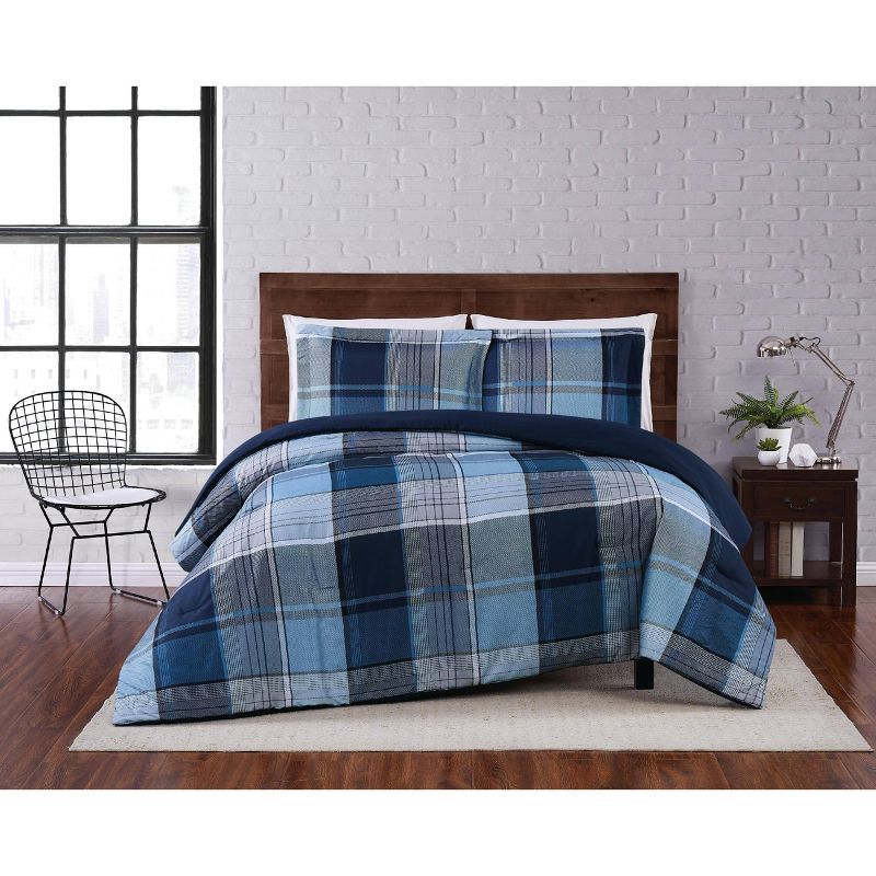 Full/Queen Blue Plaid Reversible Microfiber Comforter Set