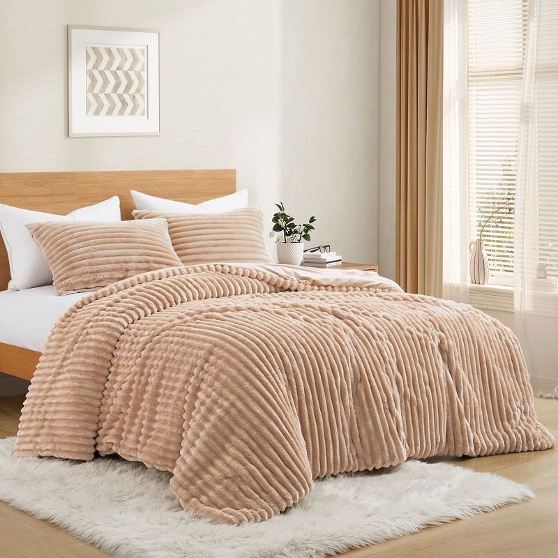 Camel Ribbed Flannel Down Alternative Comforter Set, Queen