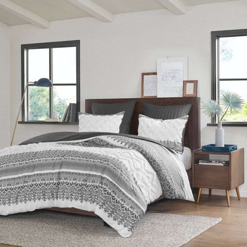 Full/Queen Gray Cotton Duvet Cover Set with Chenille Tufting