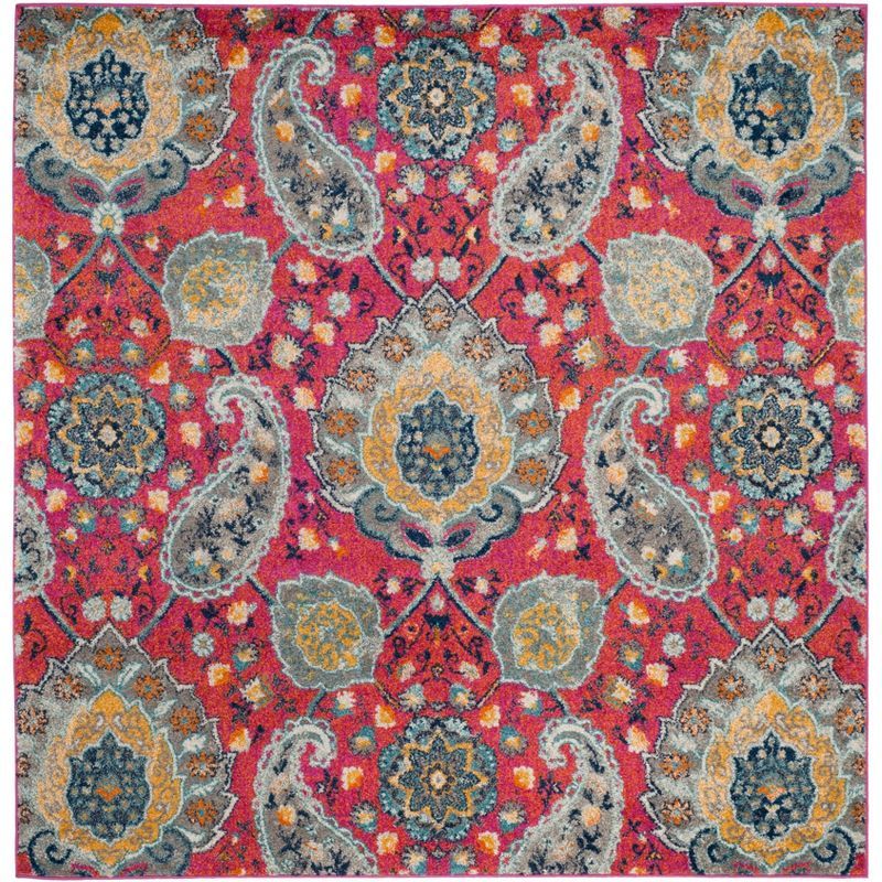 Fuchsia and Gold Whimsical Paisley 4' Square Synthetic Rug