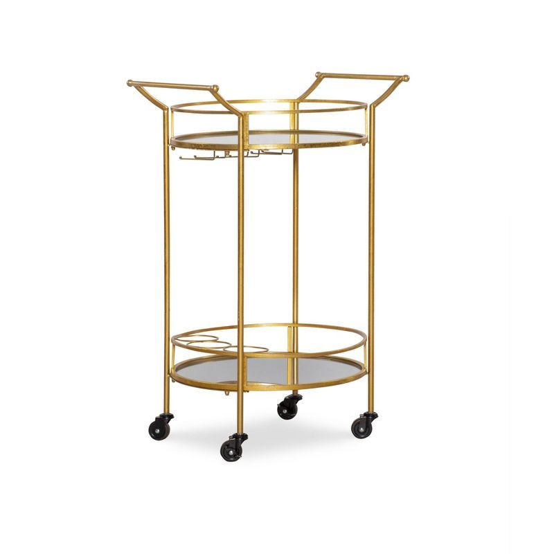 Transitional Round Gold Metal Bar Cart with Mirrored Shelves and Wine Storage