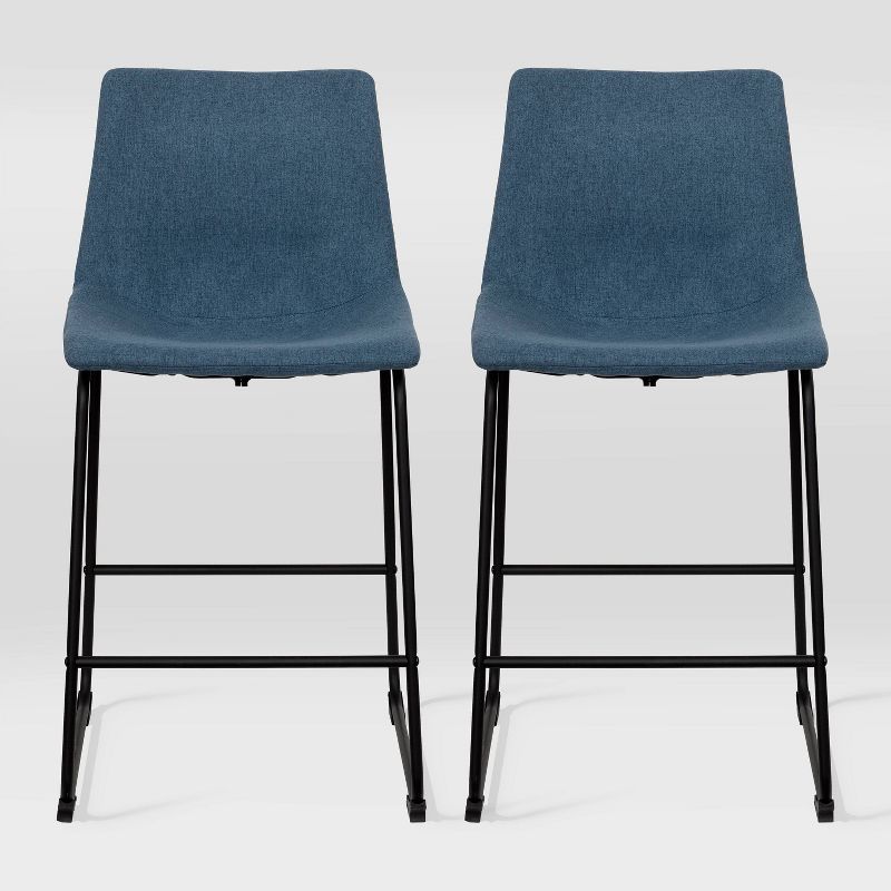 Set of 2 Blue Upholstered Counter Height Barstools with Metal Legs