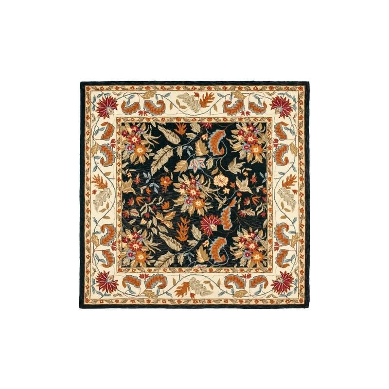 Handmade Chelsea Floral Black Wool 4' Square Area Rug