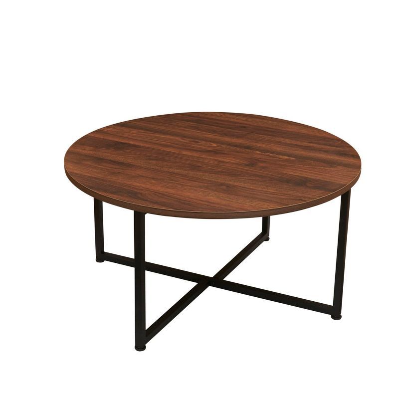 Mid-Century Walnut and Black Metal Round Coffee Table with Scratch-Resistant Top