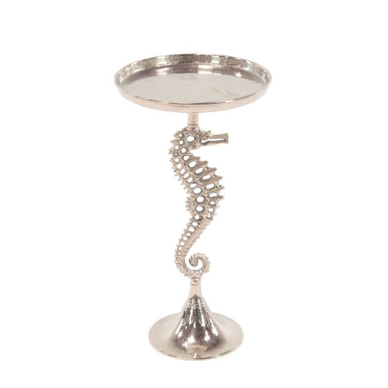 Coastal Charm Seahorse Pedestal Accent Table in Silver Aluminum