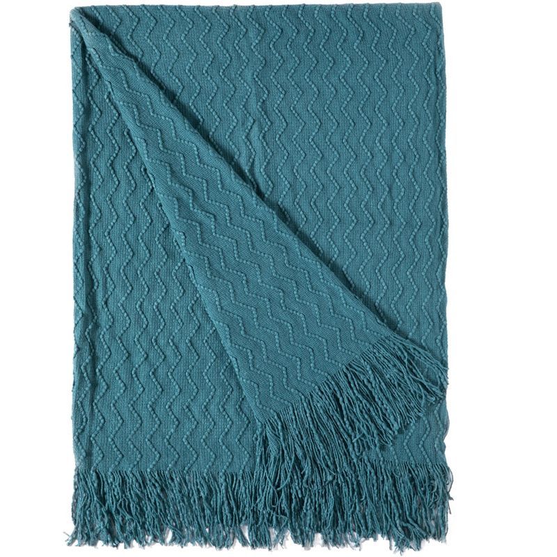 Blue Chevron Pattern Knit Throw Blanket with Fringe