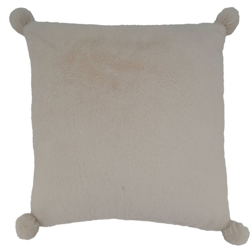 Ivory Faux Rabbit Fur Square Throw Pillow with Pom Poms