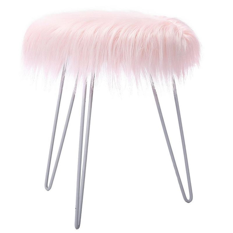 Pink Faux Fur Round Ottoman with White Metal Legs