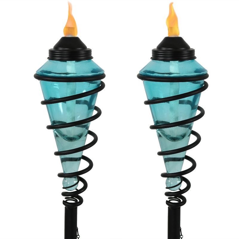 Blue Glass and Metal Swirl Adjustable Height Outdoor Torch Set