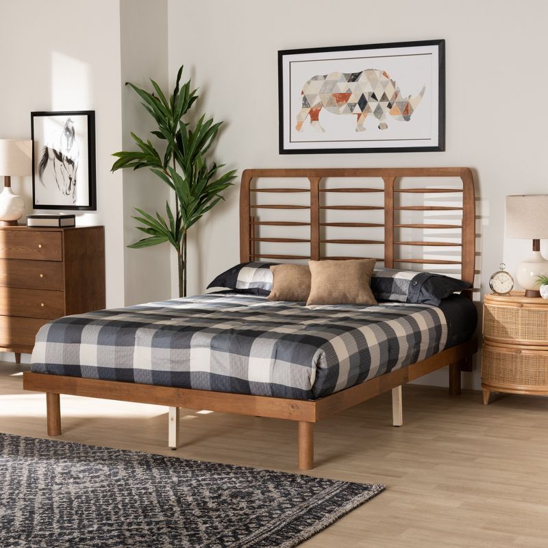 MidCentury Ash Walnut Queen Platform Bed with Spindle Headboard