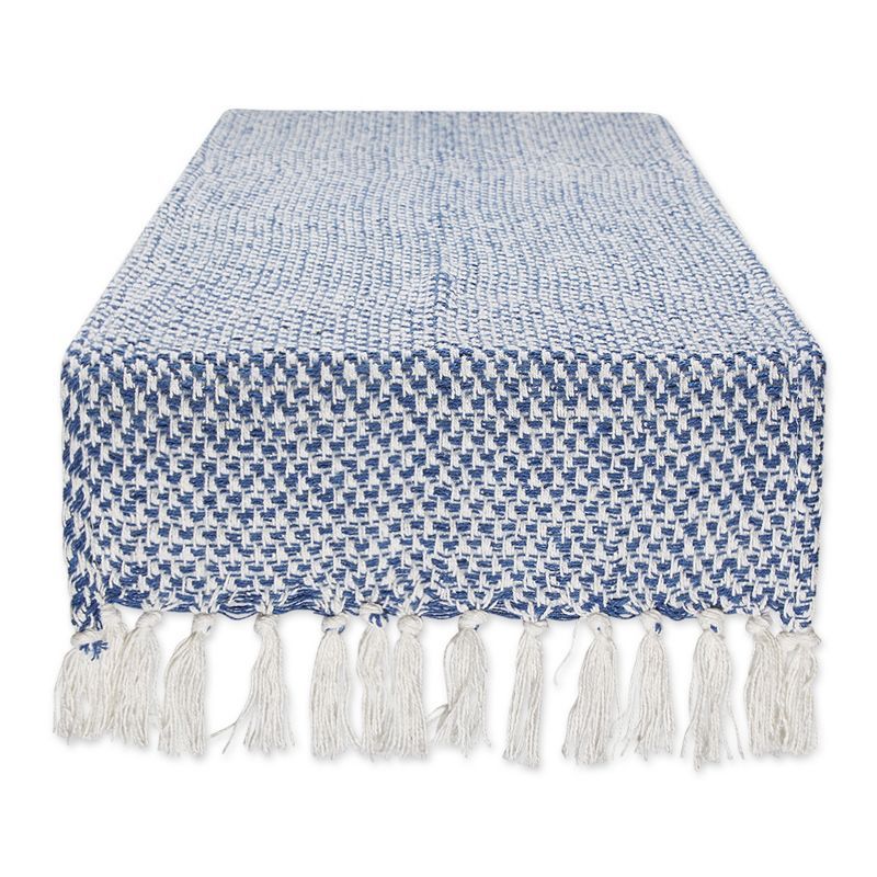Nautical Blue and White Cotton Woven Table Runner with Fringe