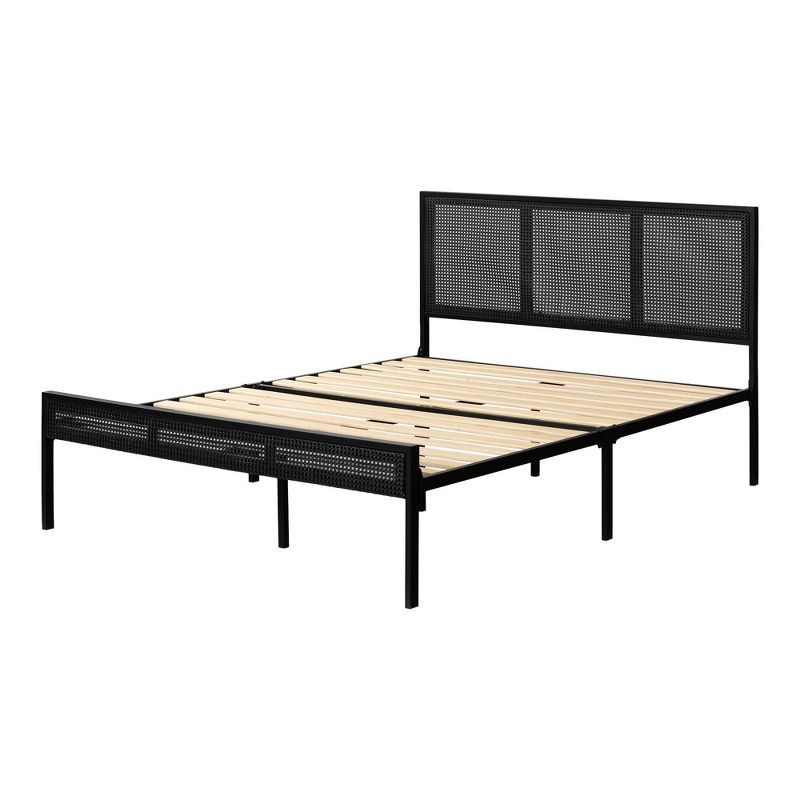 Full Black Metal Platform Bed with Natural Cane Headboard