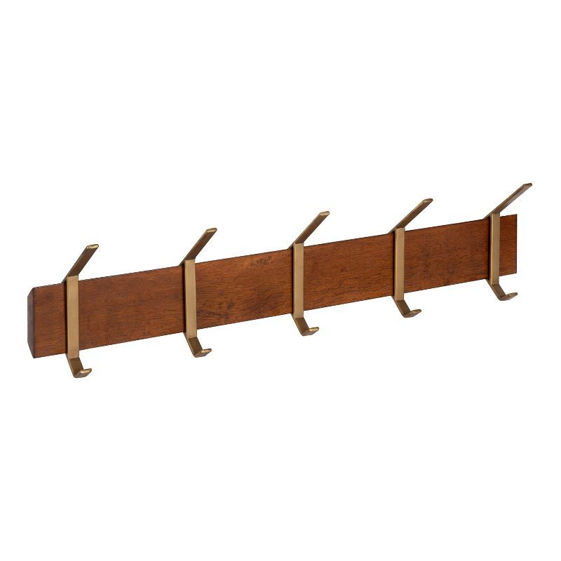 Walnut Brown 5-Hook Shelf with Brushed Gold Finish