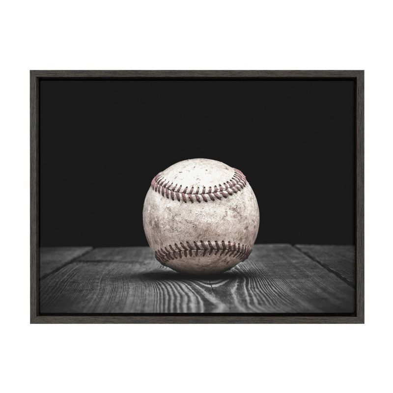 Vintage Baseball Framed Canvas Print in Gray Woodgrain